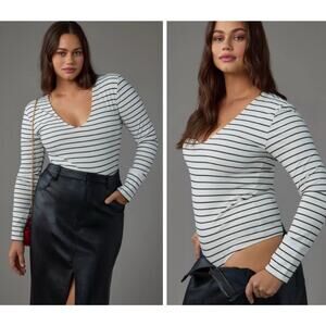 NWT Anthropologie Pilcro Size 2X Black White Stripe Ribbed Long Sleeve Bodysuit